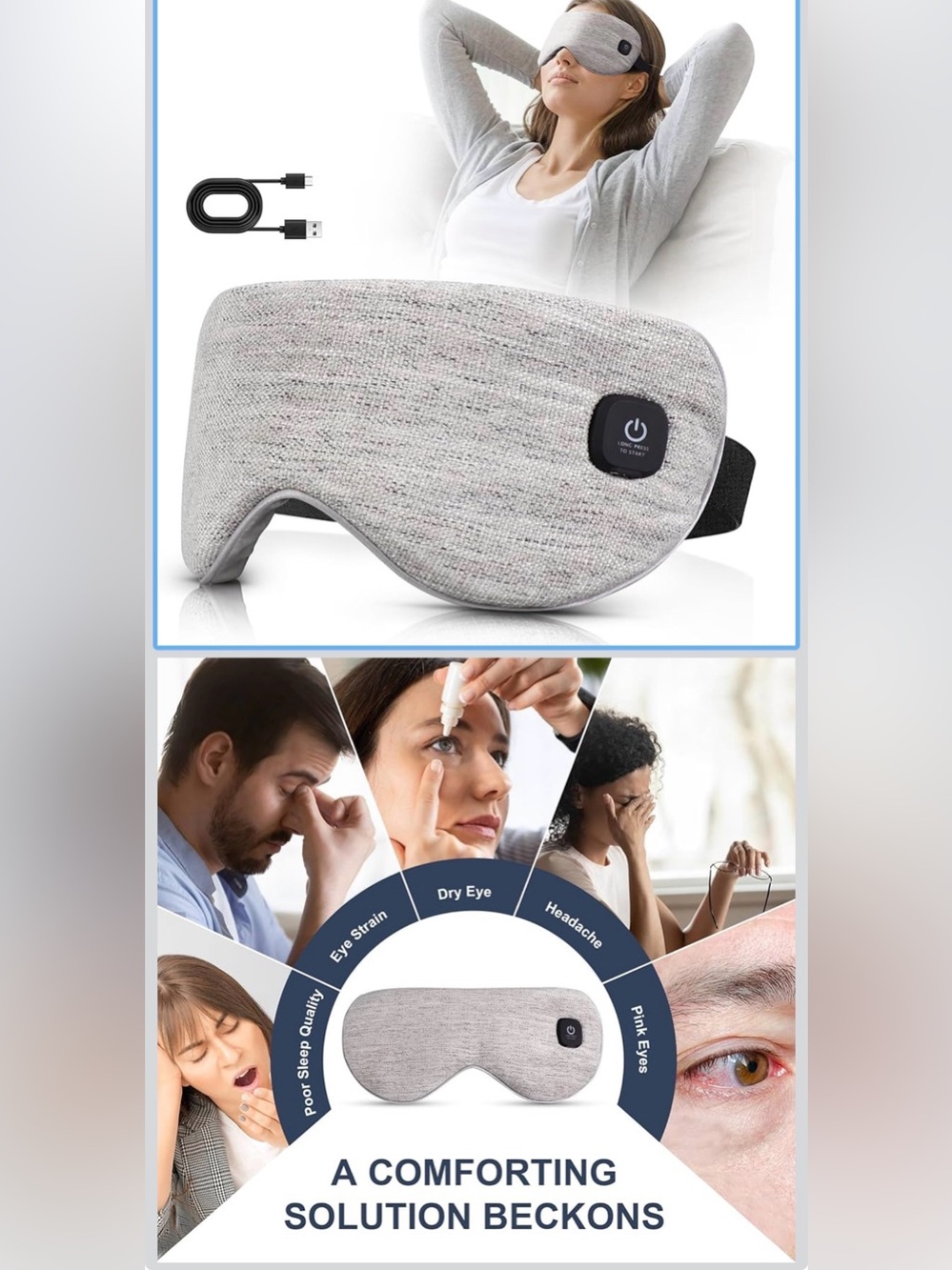Heated Grey portable  Sleep Mask - USB Rechargeable NWT
